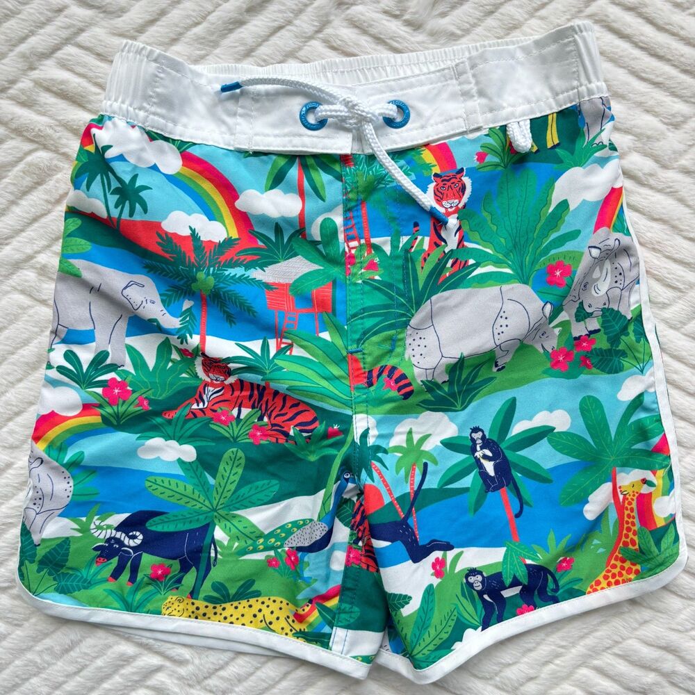 Mini Boden Boys Size 6-7Y Jungle Animal Rainbow Swim Trunks Board Shorts Lined